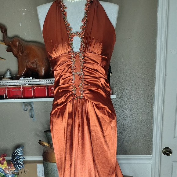 Free Sterling W/ Purch Jessica McClintock Gown Dress Burnt Rust Orange Beading 8 - Picture 3 of 13